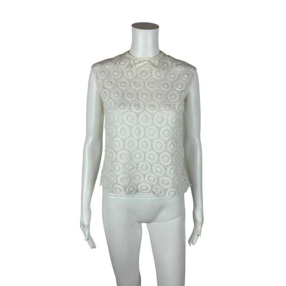 Vintage 50s Lace Blouse Women's Medium White Bow Neck Button Back Sleeveless